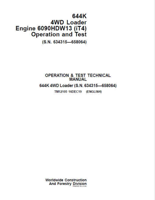 John Deere 644K 4WD Engine 6090HDW13 (iT4) Loader Technical Manual (S.N 634315 - 658064) - Image 2