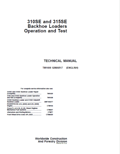 John Deere 310SE, 315SE Backhoe Loader Repair Technical Manual - Image 2