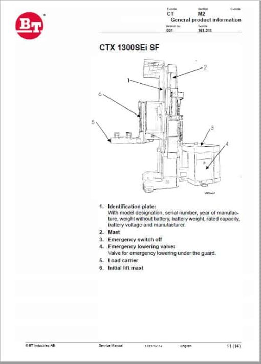 BT CTX 1300SEi, CTX 1300SEi-SF Forklift Truck Service Manual - Image 2