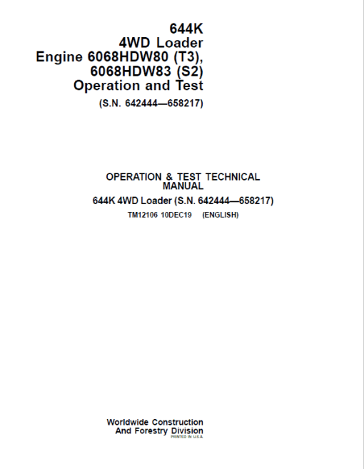 John Deere 644K 4WD Engine S2 & T3 Loader Technical Manual (S.N. 642444 - 658217) - Image 2