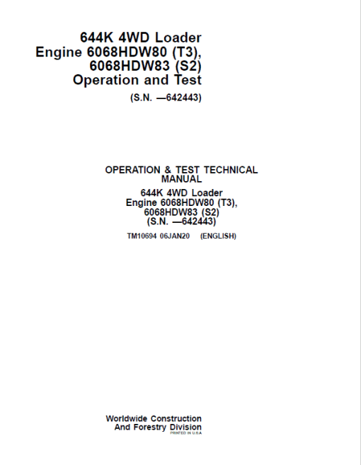 John Deere 644K 4WD Engine S2 & T3 Loader Technical Manual (S.N. before 642443) - Image 2