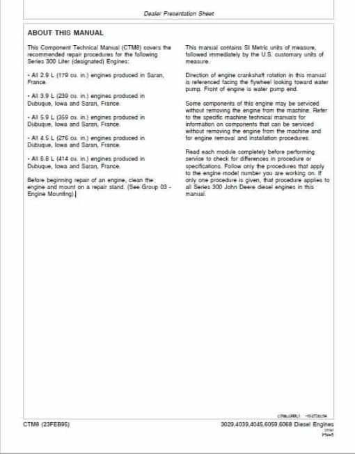 John Deere Series 300: 3029, 4039, 4045, 6059, 6068 Diesel Engines Manual (CTM8) - Image 2