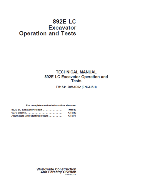 John Deere 892E LC Excavator Repair Technical Manual - Image 2