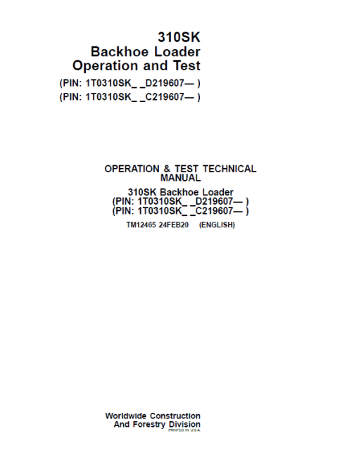 John Deere 310SK Backhoe Loader Repair Technical Manual (S.N after C219607 & D219607 - ) - Image 2