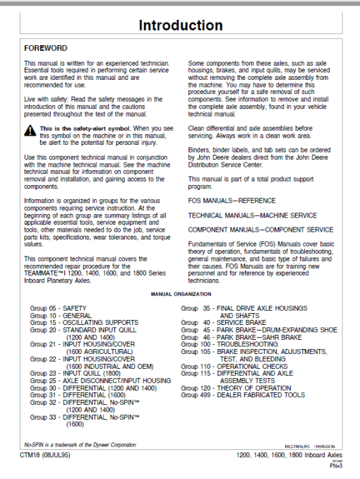 John Deere TeamMate I 1200, 1400, 1600, 1800 Series Inboard Planetary Axles Manual - Image 2