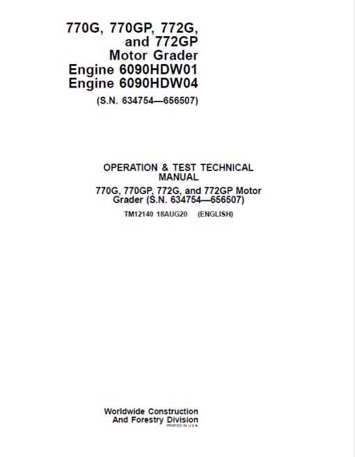 John Deere 770G, 770GP, 772G, 772GP Grader Manual (S.N 634754 - 656507 & Engines W01, W04) - Image 2