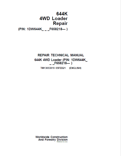 John Deere 644K 4WD Loader Technical Manual (S.N. after F658218 - ) - Image 2