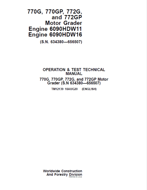 John Deere 770G, 770GP, 772G, 772GP Grader Manual (S.N 634754 - 656507 & Engines W11, W16) - Image 2