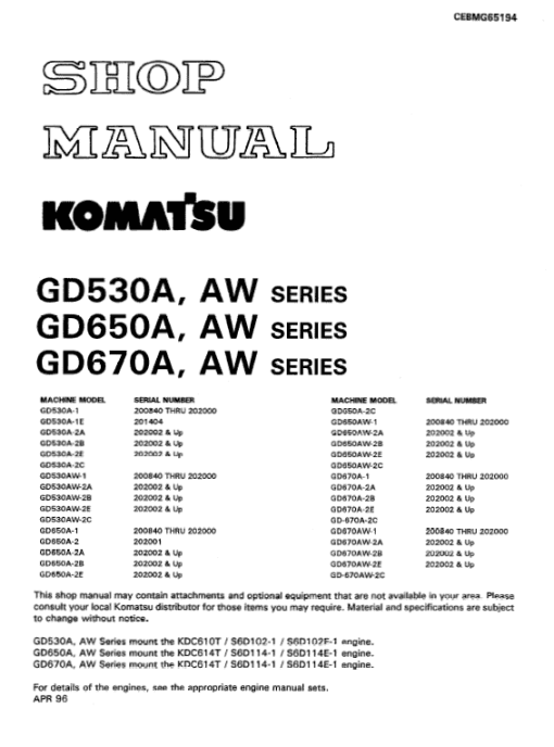 Komatsu GD530A, GD650A, GD670A Series Motor Grader Manual