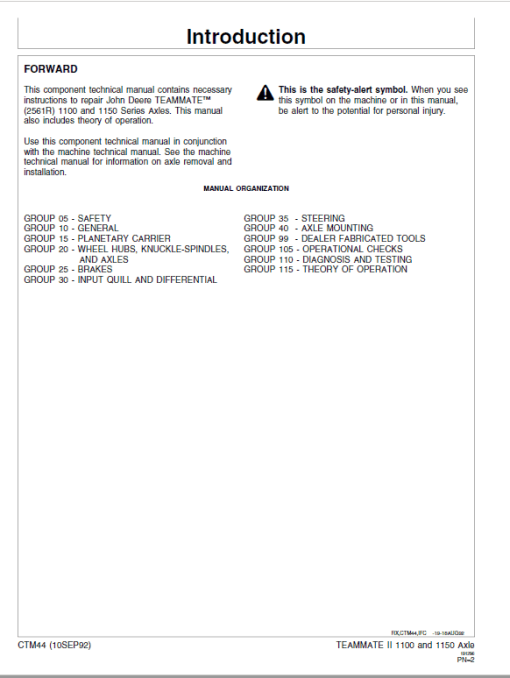 John Deere TeamMate II 2561R, 1100, 1150 Series Outboard Planetary Axles Manual (CTM44) - Image 2