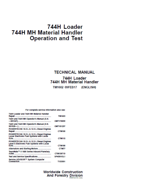 John Deere 744H and 744H MH Loader Repair Technical Manual - Image 2