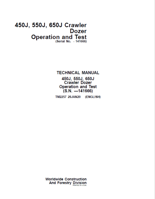 John Deere 450J, 550J, 650J Crawler Dozer Technical Manual (SN. before 141666)