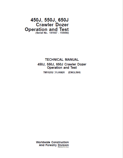 John Deere 450J, 550J, 650J Crawler Dozer Technical Manual (SN. from 141667-159986) - Image 2