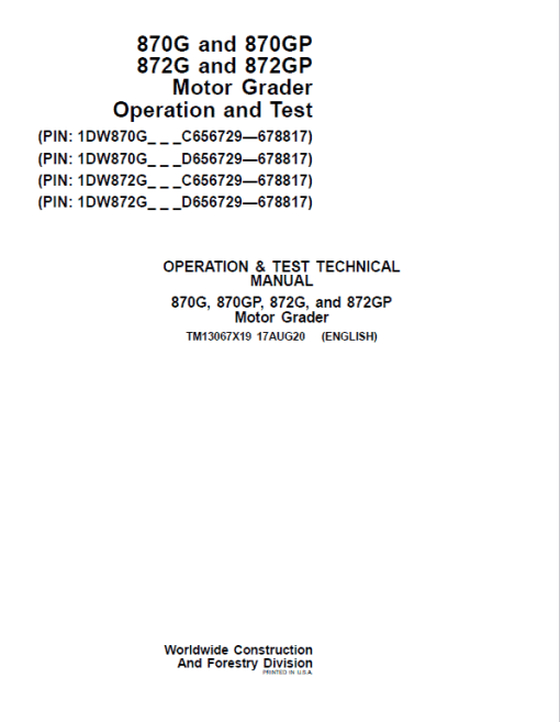 John Deere 870G, 870GP, 872G, 872GP Grader Technical Manual (S.N 656729 -678817) - Image 2