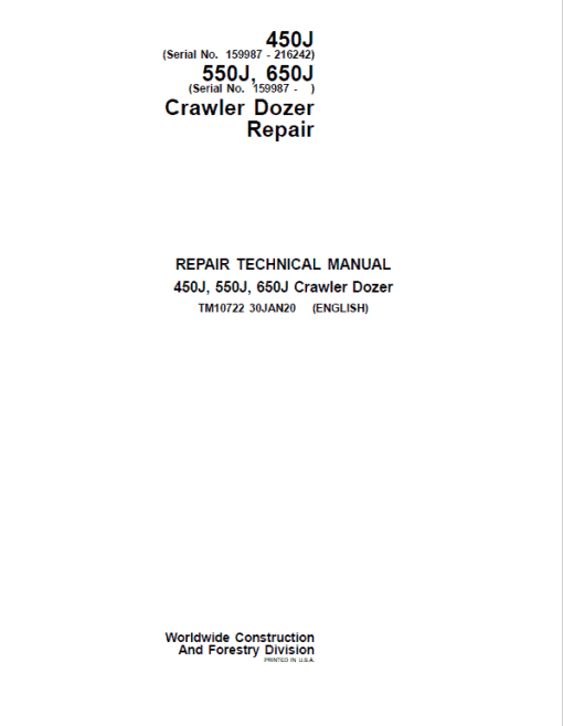 John Deere 450J, 550J, 650J Crawler Dozer Technical Manual (SN. from 159987 -216242)