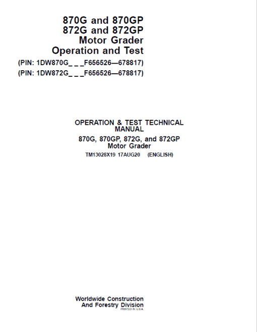 John Deere 870G, 870GP, 872G, 872GP Grader Technical Manual (S.N F656526 -F678817) - Image 2