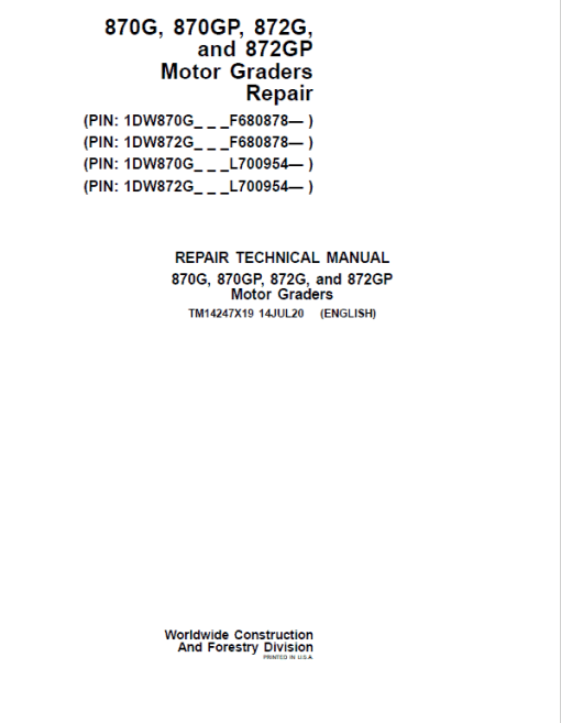 John Deere 870G, 870GP, 872G, 872GP Grader Technical Manual (S.N F680878 & L700954 - ) - Image 2