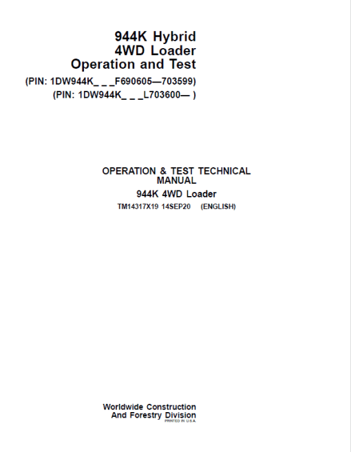 John Deere 944K Hydrid 4WD Loader Technical Manual ( S.N F690605 - F703599 & after L703600) - Image 2