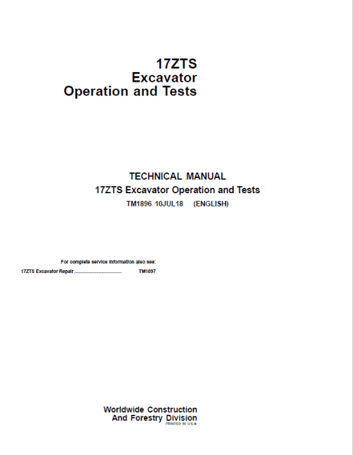 John Deere 17ZTS Excavator Repair Technical Manual - Image 2