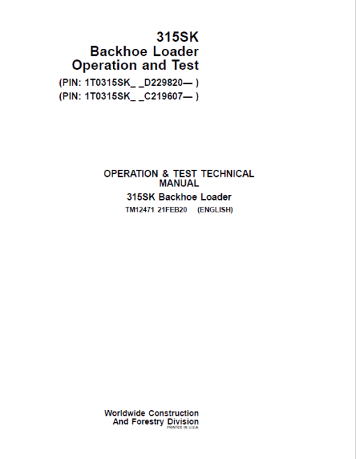 John Deere 315SK Backhoe Loader Repair Technical Manual (S.N after C229820 & D219607 - ) - Image 2