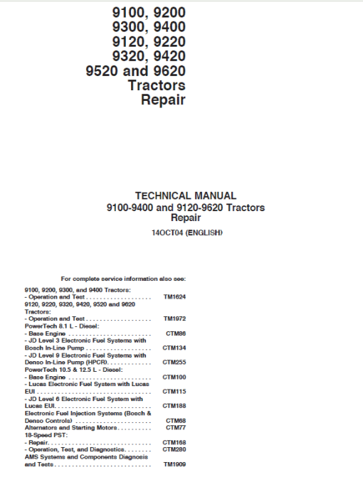 John Deere 9120, 9220, 9320 Tractors Repair Technical Manual - Image 2