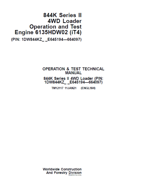 John Deere 844K-II 4WD Engine (iT4) Loader Technical Manual (S.N E645194 - E664097) - Image 2