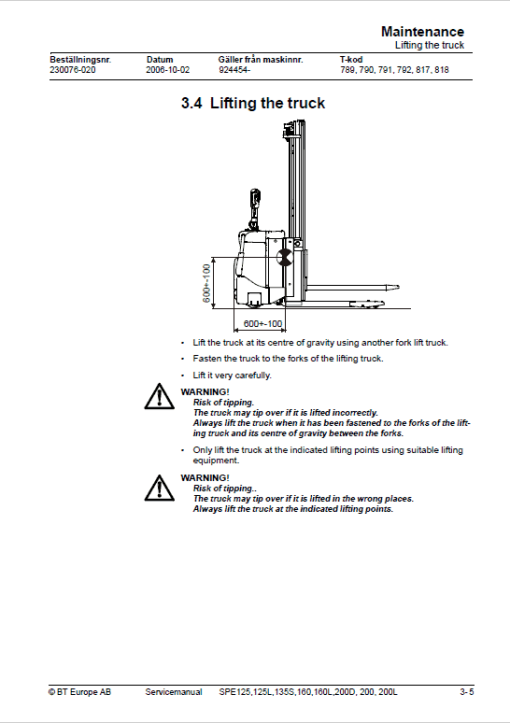 BT SPE125, SPE125L, SPE135S, SPE160, SPE200, SPE200L Pallet Truck Manual - Image 2