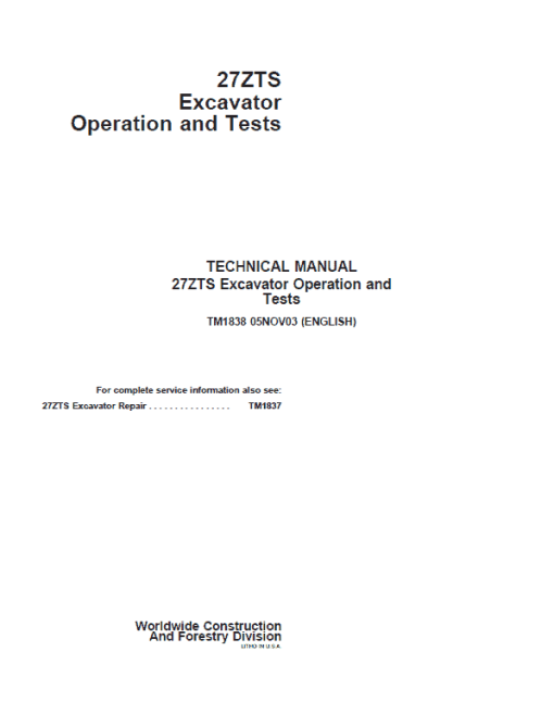 John Deere 27ZTS Excavator Repair Technical Manual - Image 2