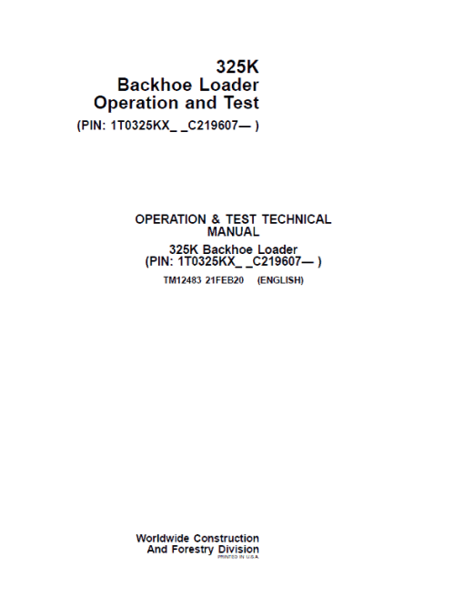 John Deere 325K Backhoe Loader Repair Technical Manual (S.N C219607 - C235588) - Image 2