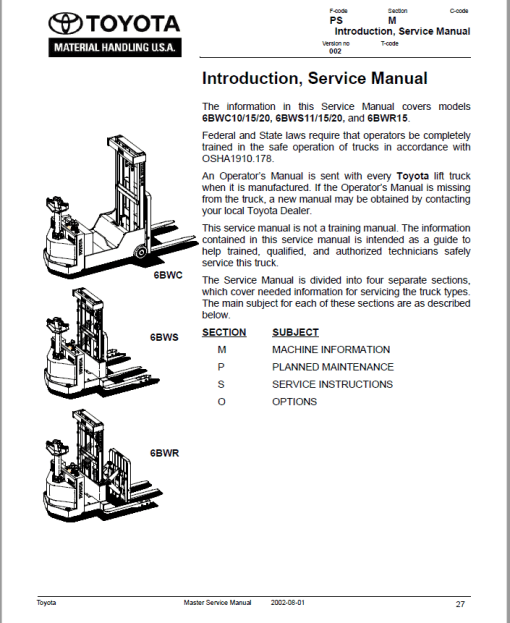 Toyota 6BWC10, 6BWC15, 6BWC20, 6BWS11, 6BWS15, 6BWS20, 6BWR15 Repair Manual - Image 2