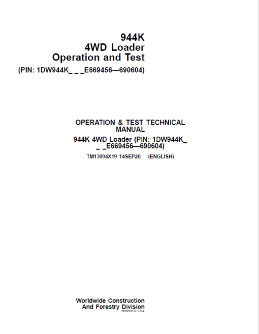 John Deere 944K 4WD Loader Repair Technical Manual (S.N E669456 - E690604) - Image 2