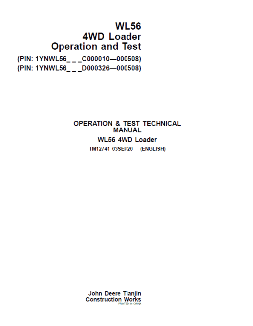 John Deere WL56 4WD Loader Manual ( S.N C000010- C000508 & D000326 - D000508) - Image 2