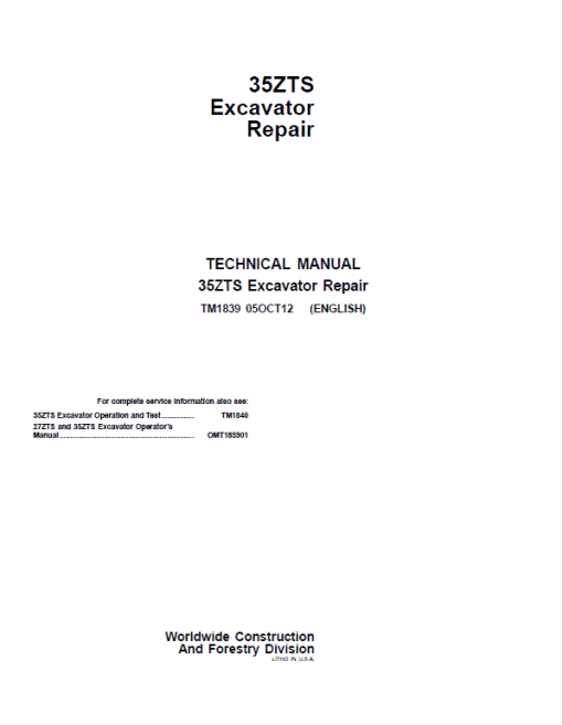 John Deere 35ZTS Excavator Repair Technical Manual - Image 2