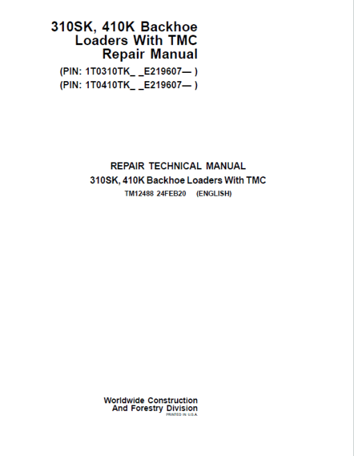 John Deere 310SK, 410K Backhoe Loader (TMC) Repair Technical Manual (S.N after E219607 - ) - Image 2