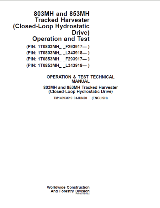 John Deere 803MH, 853MH, 859MH Harvester Closed-Loop Repair Manual (S.N F293917 - & L343913 -) - Image 2