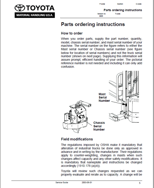 Toyota 6BWS10, 6BWS13 Electric Walkie Adjustable Straddle Stacker Repair Manual - Image 2