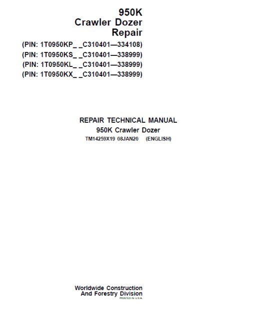 John Deere 950K Crawler Dozer Technical Manual (SN. from C310401 - 338999)