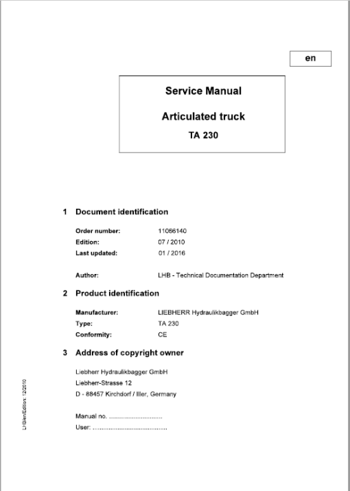 Liebherr TA 230, TA 240 Articulated Truck Service Manual - Image 5