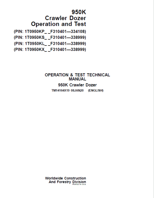 John Deere 950K Crawler Dozer Technical Manual (SN. from F310401 - 338999)