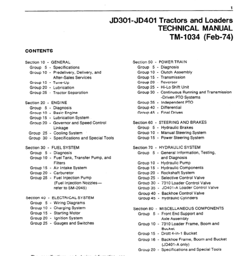 John Deere 301, 401 Tractors and Loaders Technical Manual (TM1034) - Image 3