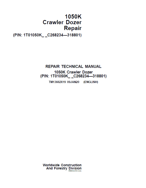 John Deere 1050K Crawler Dozer Technical Manual (SN. from C268234 - C318801)