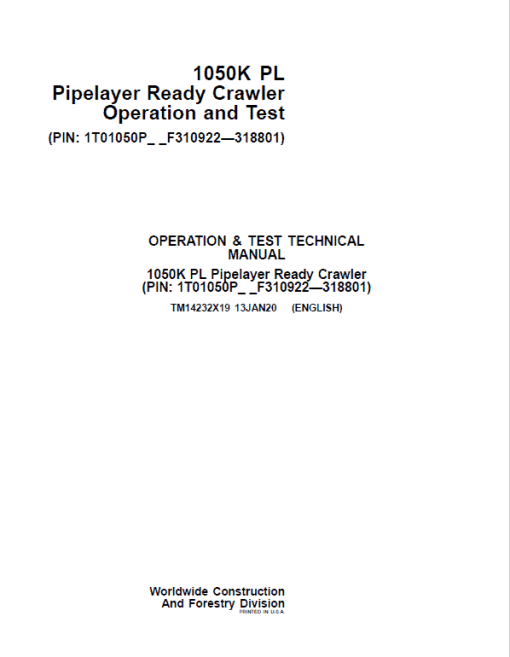 John Deere 1050K PL Pipelayer Crawler Dozer Technical Manual (SN. F310922 - F318801) - Image 2