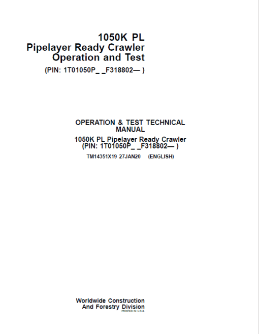 John Deere 1050K PL Pipelayer Crawler Dozer Technical Manual (SN. F318802-) - Image 2