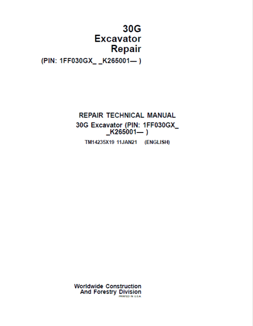 John Deere 30G Excavator Repair Technical Manual (SN. K265001-)