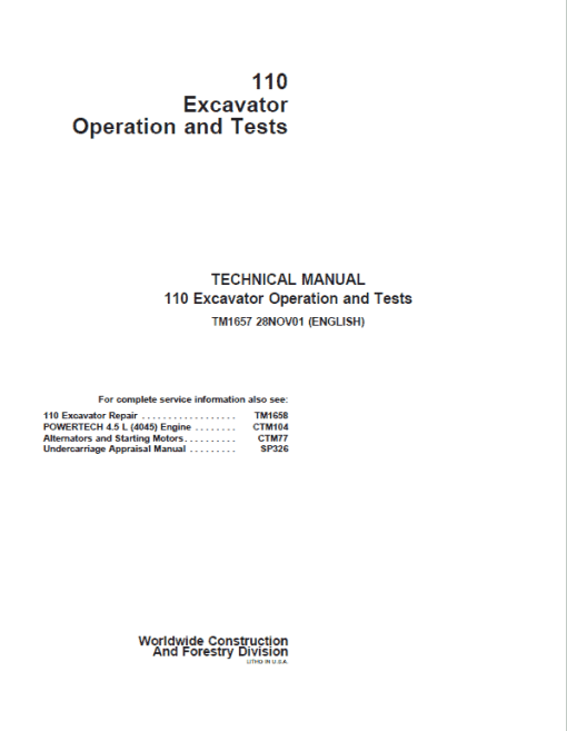 John Deere 110 Excavator Repair Technical Manual - Image 2