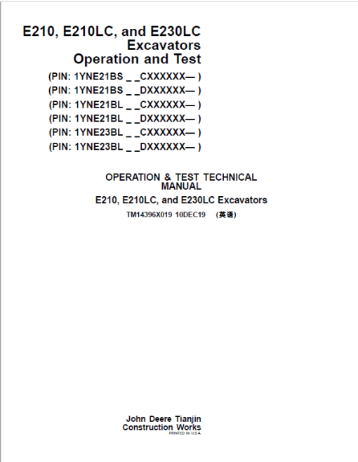 John Deere E210, E210LC, E230LC Excavator Repair Manual (See Applicable Serial) - Image 2