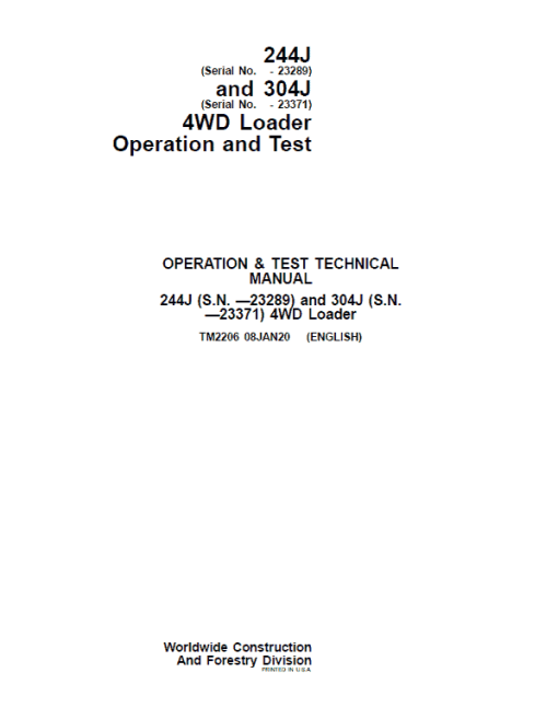 John Deere 244J, 304J 4WD Loader Technical Manual (SN. before 23289) - Image 2