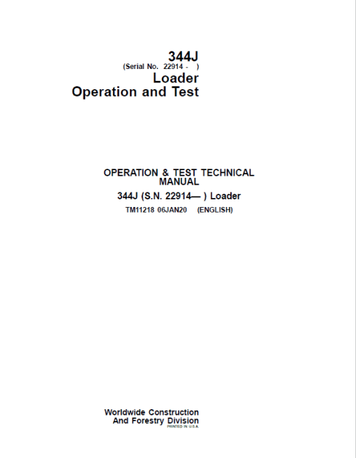 John Deere 344J Loader Repair Technical Manual (SN. after 22914)