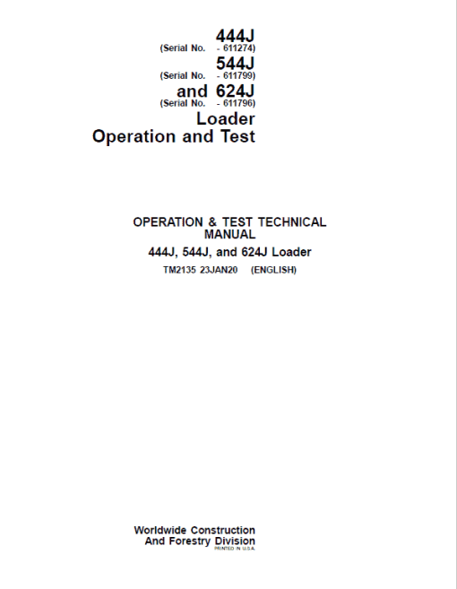 John Deere 444J, 544J, 624J Loader Technical Manual (SN. before 611274) - Image 2