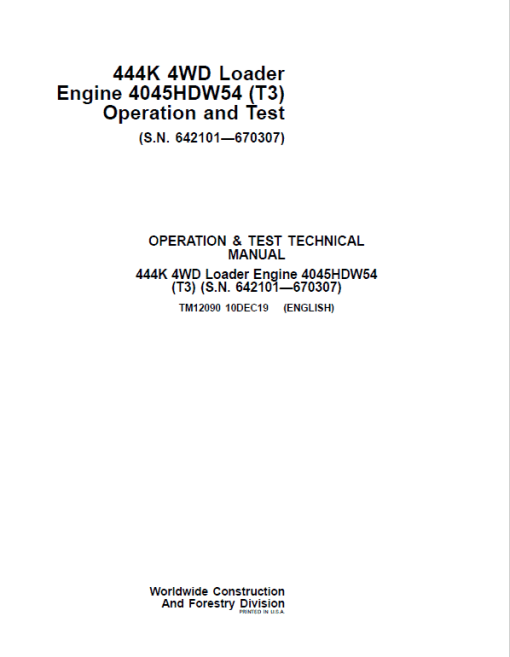 John Deere 444K 4WD Loader Engine 4045HDW54 T3 Technical Manual (SN. 642101 - 670307) - Image 2